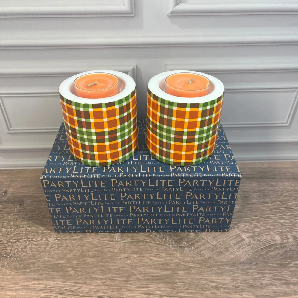 PartyLite Autumn Tartan‎ Candle Holder Pair Orange Green Plaid P93330